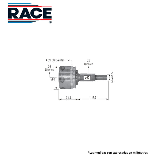 RR-9229 Junta Lado Rueda Transmisión Automática  Lado Derecho/Izquierdo c/ABS para Nissan Quest 1996 RACE