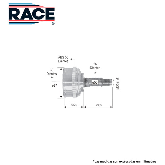RR-9270 Junta Lado Rueda Transmisión Automática  Lado Derecho/Izquierdo c/ABS para Honda Civic 1994 RACE
